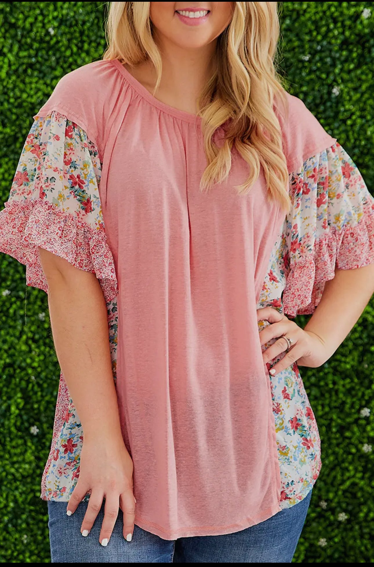 Pink Floral Patchwork Ruffled Short Sleeve Top