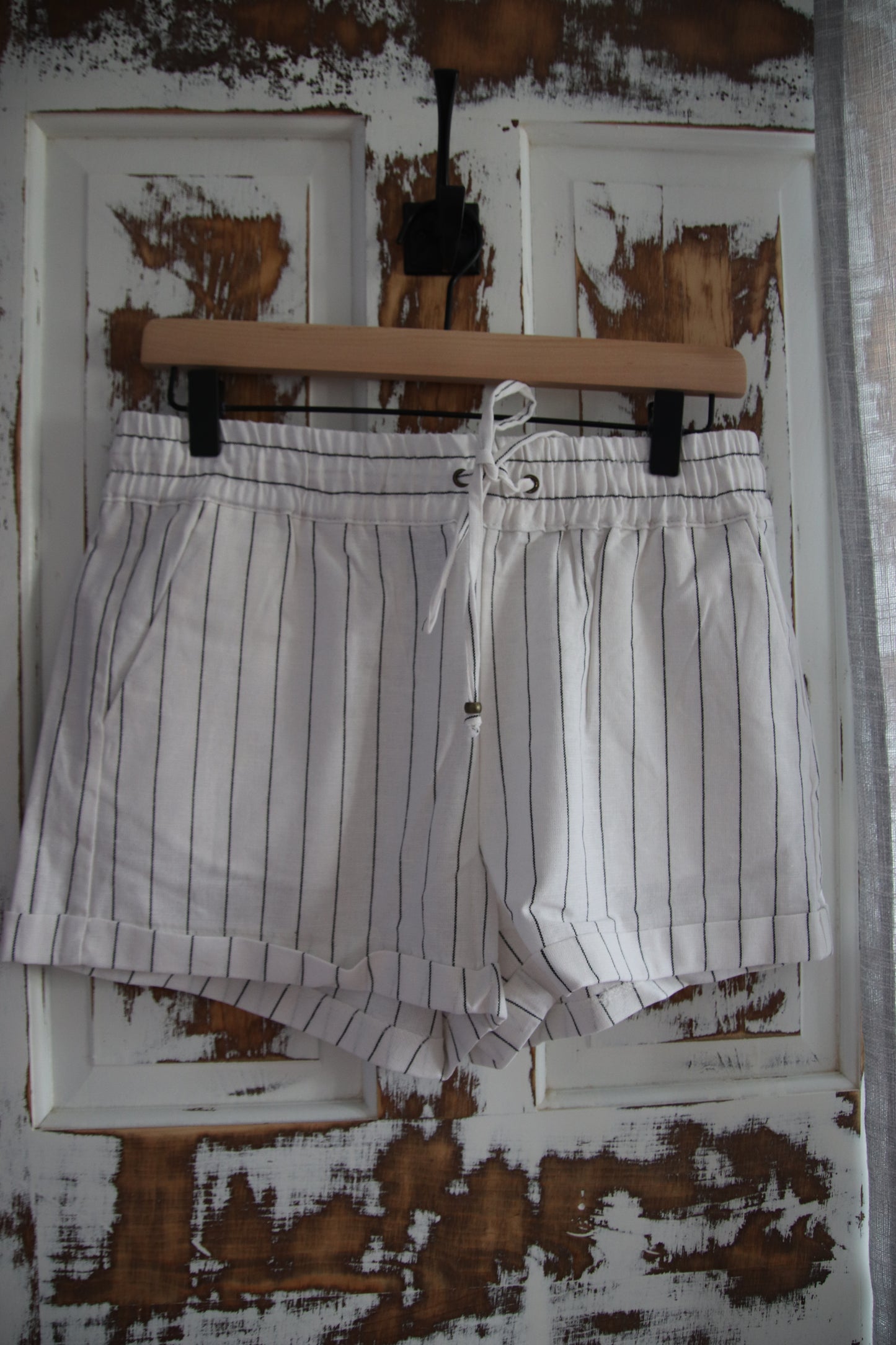 Relaxed Fit Pinstriped Linen Blend Shorts