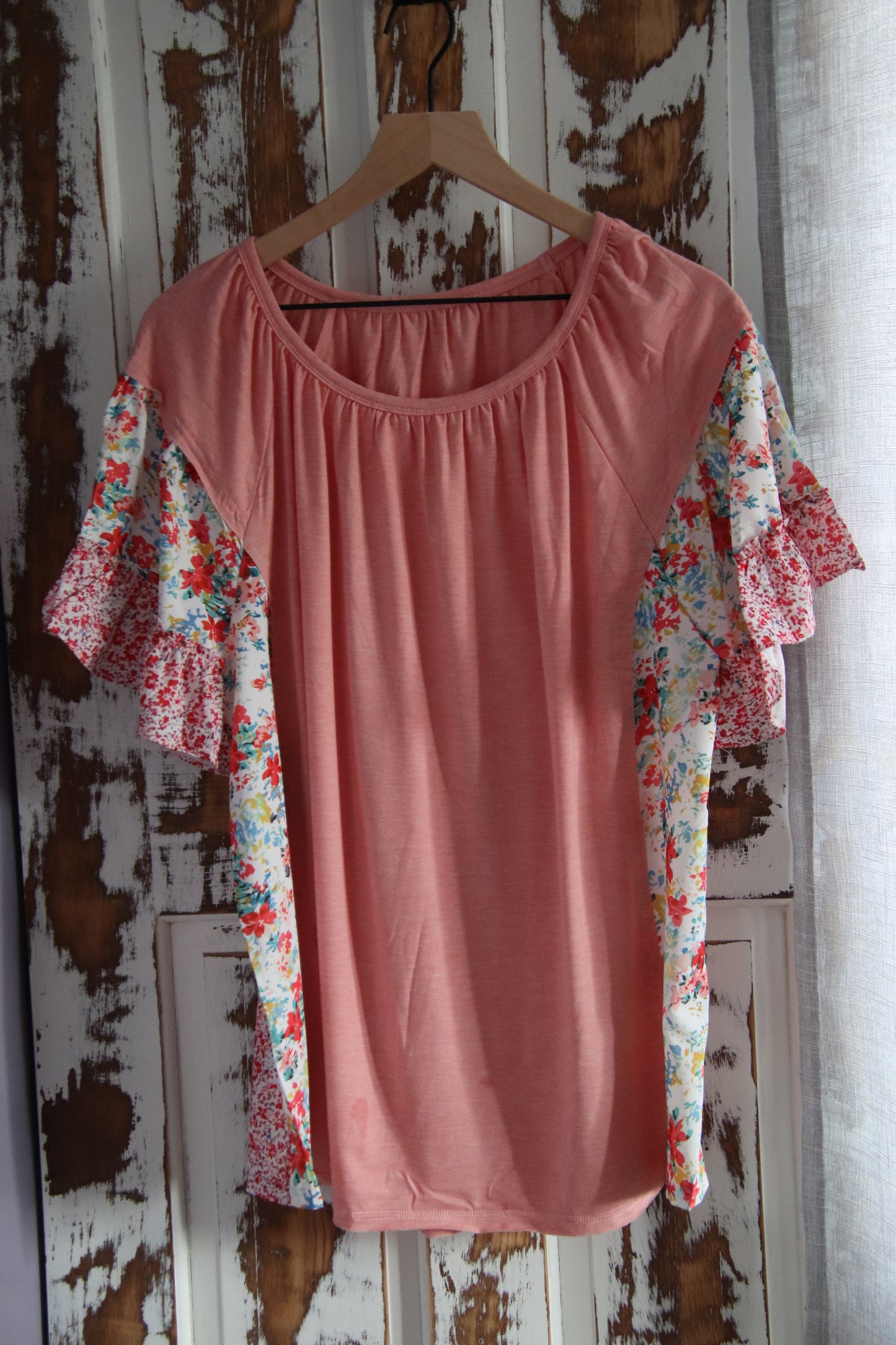 Pink Floral Patchwork Ruffled Short Sleeve Top