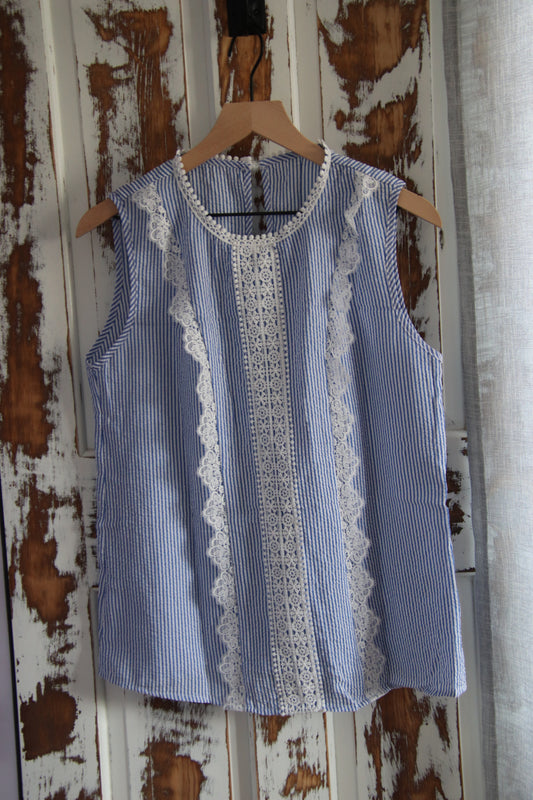 Blue Stripe Lace Crew Neck Tank Top