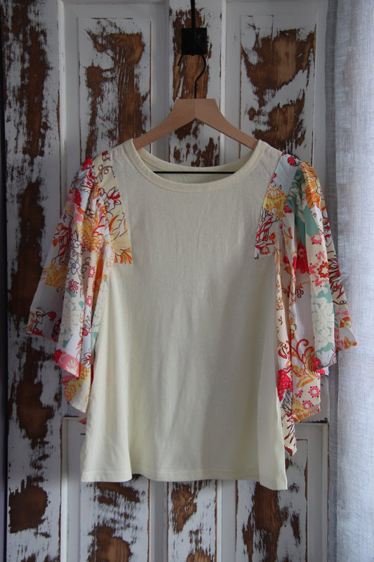 Beige Floral Patchwork Half Batwing Sleeve Blouse