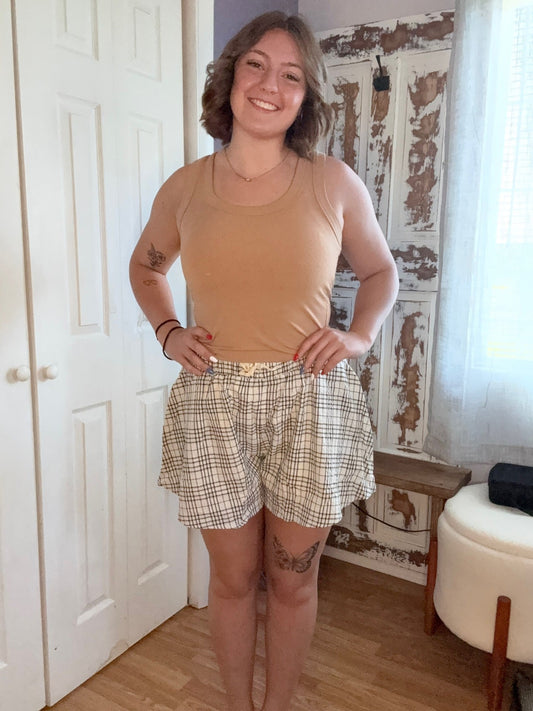 Textured Cotton Plaid Flowy Shorts